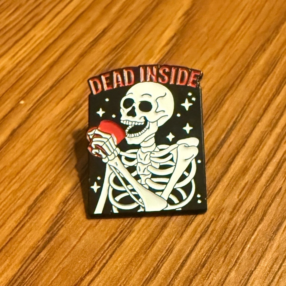 Women’s Jewelry Cute Fun Skeleton Drinking with ‘Dead Inside’ Quote Enamel Pin